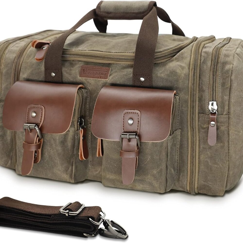 Duffle Bag for Travel, 50L Waterproof Waxed Canvas Genuine Leather Weekender Ove